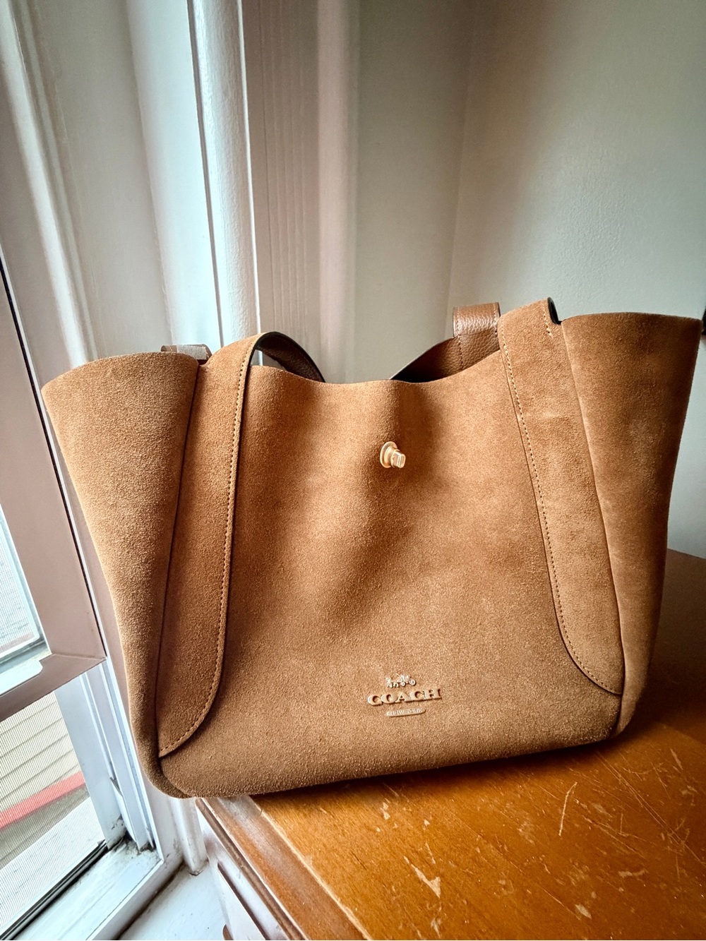 Coach Hadley Turnlock Tote on Suede Sienna